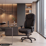 Silla giratoria XXL Pullmann Gen2 negra con tapizado de tela acolchada y reposabrazos en una oficina moderna de hjh OFFICE