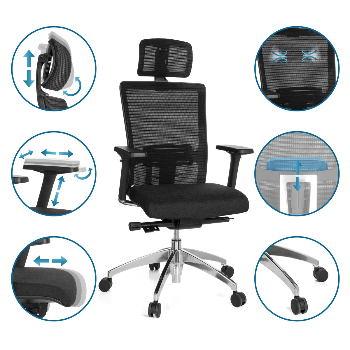 Silla de oficina profesional ASTRA LUX en negro con respaldo de malla y varias opciones de ajuste de hjh OFFICE