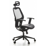 Silla de oficina profesional AIR-PORT negra con respaldo de malla, asiento de cuero y base de cinco ruedas de hjh OFFICE – vista de 360° (vista frontal en diagonal 60°)