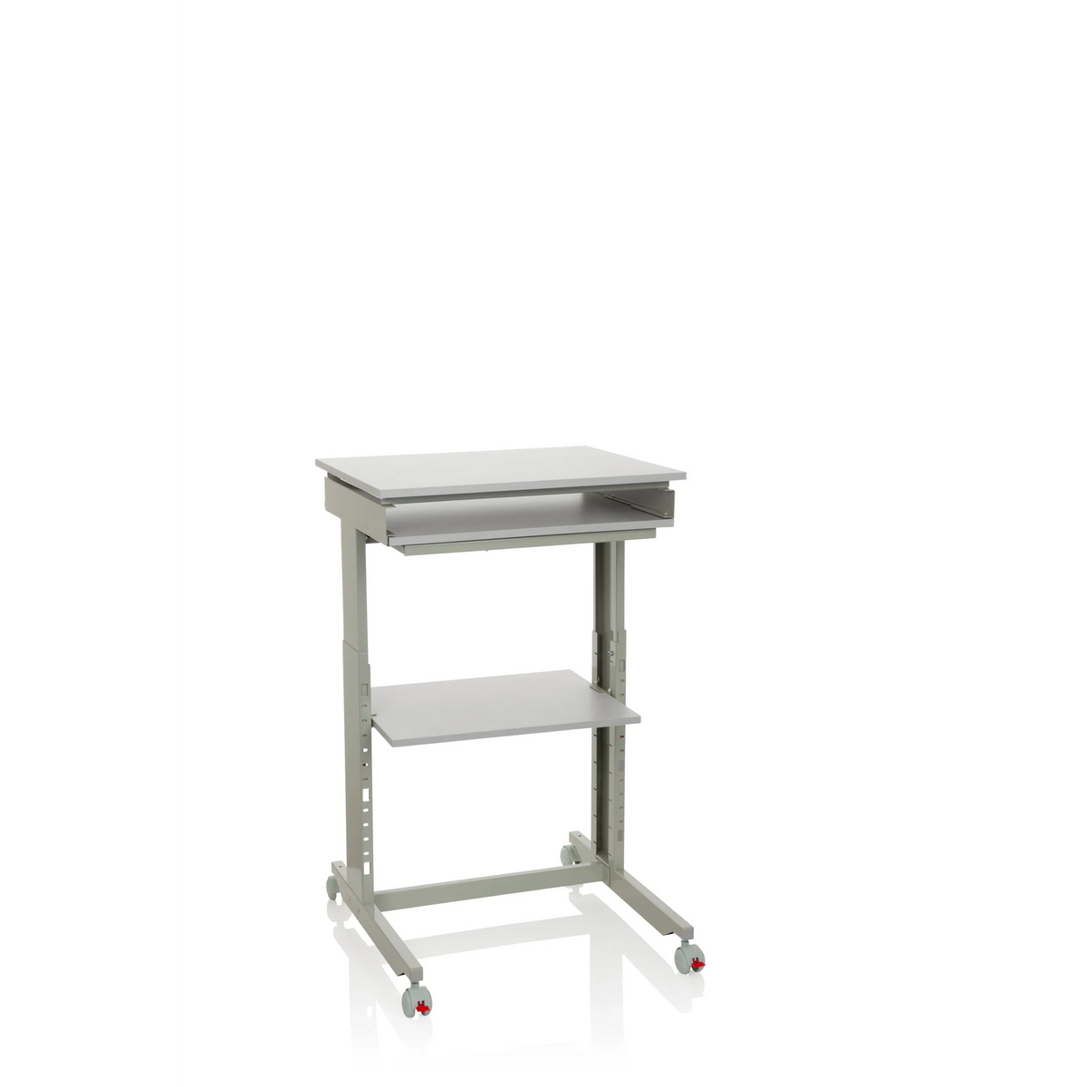 Escritorio de pie gris WORKSTATION con superficie de apoyo y cuatro ruedas de hjh OFFICE – vista de 360° (vista frontal 20°)