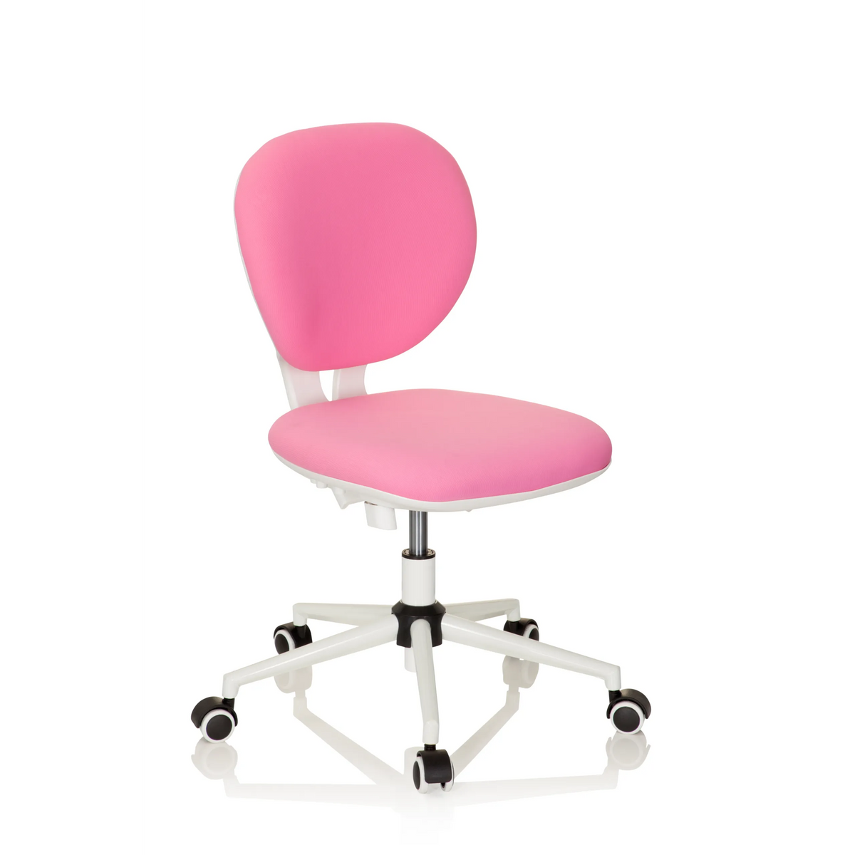 Silla giratoria para niños KID VIVO rosa con base blanca y cinco ruedas de hjh OFFICE – vista de 360° (vista frontal en diagonal 40°)