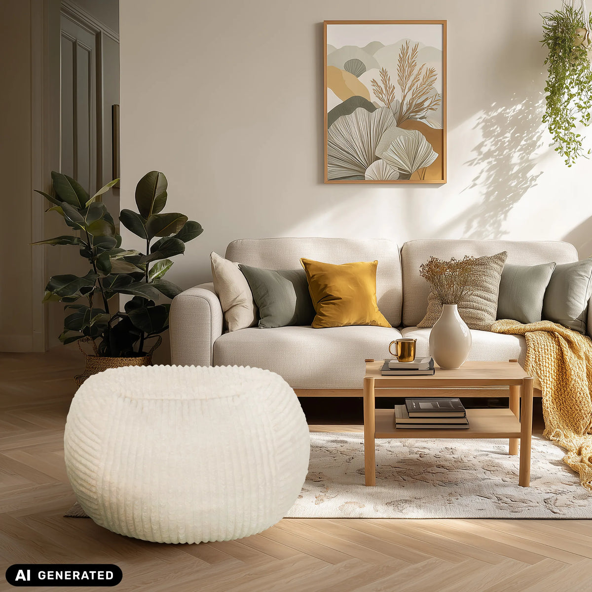 Puf Sitzolo R beige en un salón de hjh LIVING (imagen generada por IA)