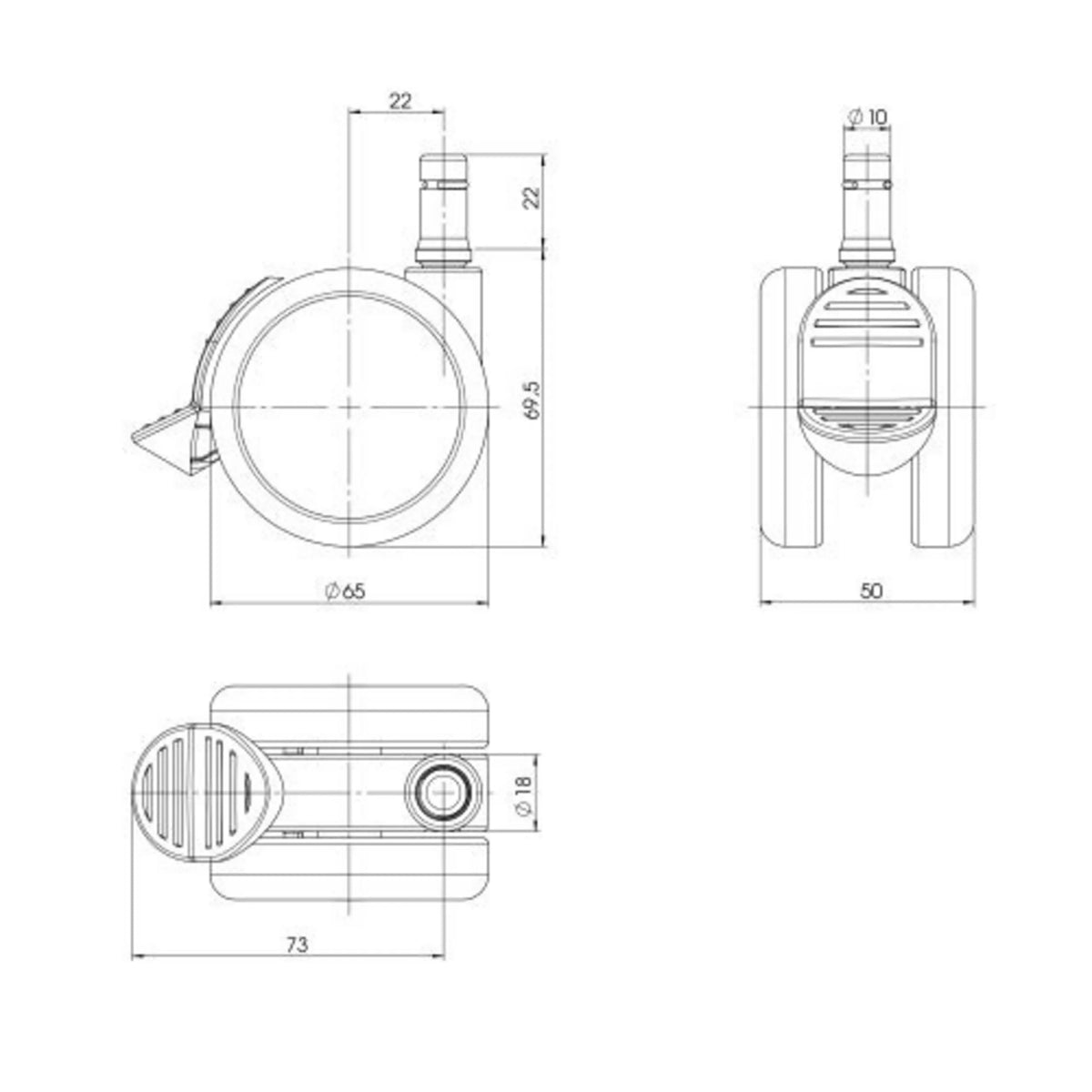 Dibujo técnico de las Ruedas para sillas 5x ROLO STOP 10mm/65mm con un diámetro de 65 mm de hjh OFFICE