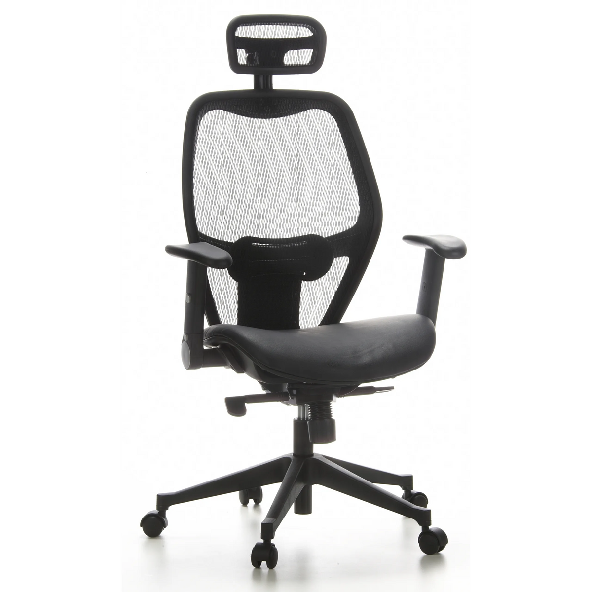 Silla de oficina profesional AIR-PORT negra con respaldo de malla, asiento de cuero y base de cinco ruedas de hjh OFFICE – vista de 360° (vista frontal 20°)