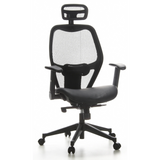 Silla de oficina profesional AIR-PORT negra con respaldo de malla, asiento de cuero y base de cinco ruedas de hjh OFFICE – vista de 360° (vista frontal 20°)