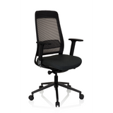 Schwarzer Profi-Bürostuhl CHIARO T1 BLACK mit Netzrücken und Fußkreuz mit fünf Rollen von hjh OFFICE – 360-Grad-Ansicht (schräge Frontansicht 40°)
