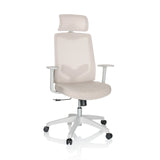 Silla Home Office MIKEO W beige con reposacabezas y base blanca de cinco ruedas de hjh OFFICE – vista de 360° (vista frontal 15°)