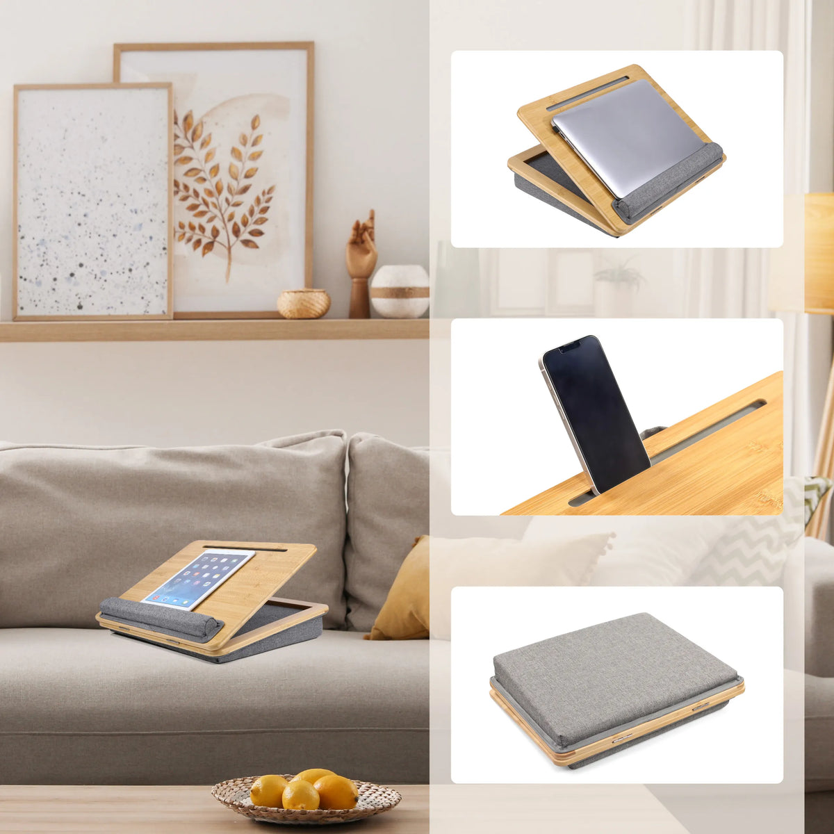 Soporte para portátil COMFILAP III de madera marrón con almohadilla gris y soporte para smartphone de hjh OFFICE