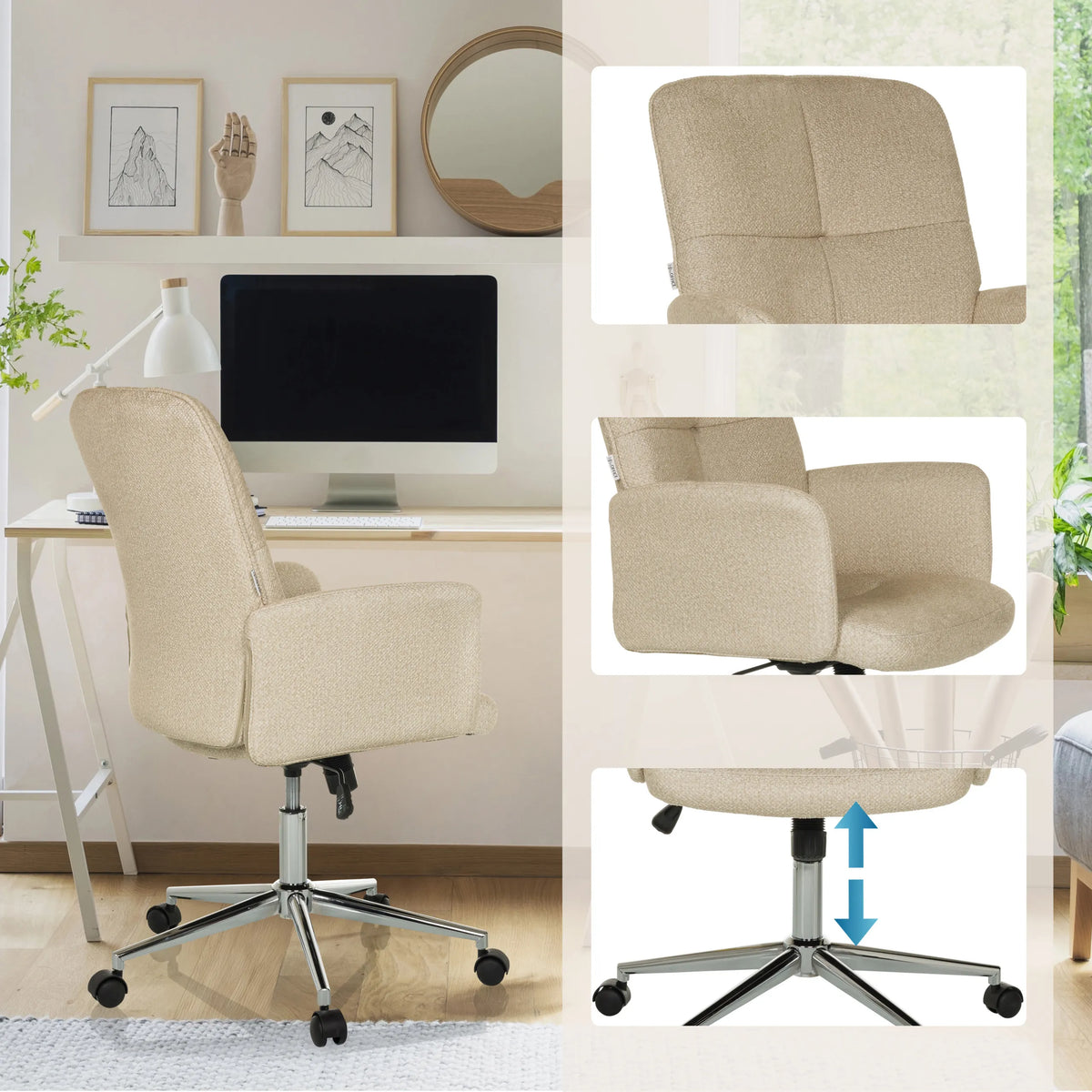 Silla Home Office SOLAO 400 beige con altura de asiento ajustable, reposabrazos y base de estrella con ruedas de hjh OFFICE