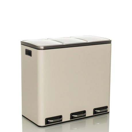 Beiger Mülleimer Clean 9 mit drei Fächern und silberfarbenen Trittpedalen von hjh OFFICE