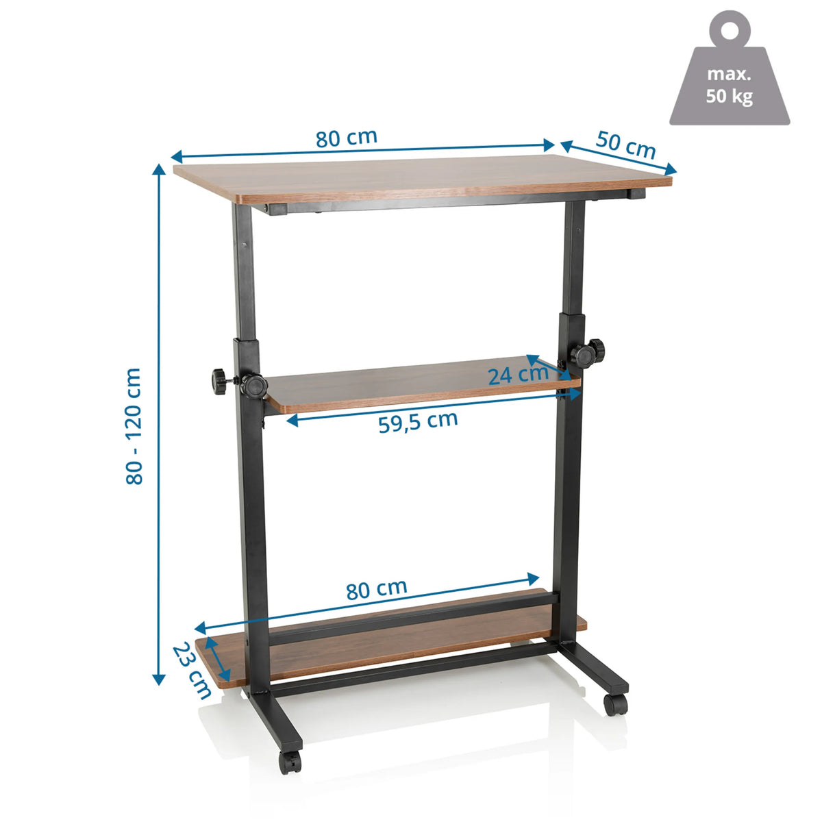 Dibujo dimensional del escritorio de pie WORKSTATION II de 80 × 50 cm y una altura de 80 a 120 cm de hjh OFFICE