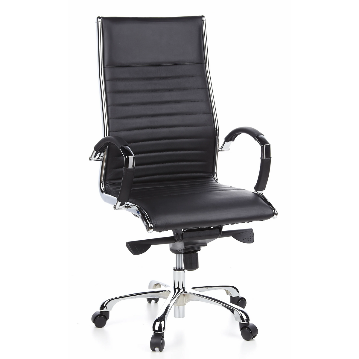Sillón de oficina profesional PARMA 20 negro con tapicería de cuero acolchado y base de cinco ruedas de hjh OFFICE – vista de 360° (vista frontal 20°)