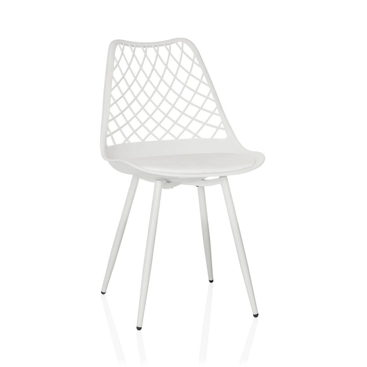 Silla de exterior blanca BEGIO S con respaldo de rejilla y cuatro patas de hjh LIVING – vista de 360° (vista frontal 15°)