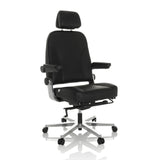 Silla giratoria XXL 24 HOURS F negra de cuero con reposacabezas y base de cinco ruedas de hjh OFFICE – vista de 360° (vista frontal en diagonal 30°)
