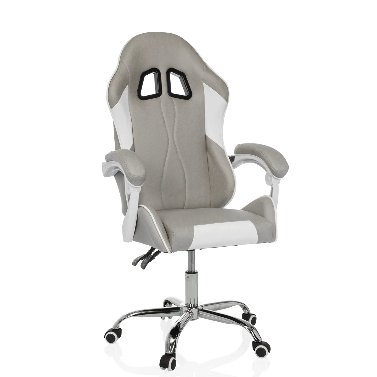 Silla gaming GAMEBREAKER W03 en color gris y blanco con dos aberturas para reposacabezas y base de cinco ruedas de MyBuero – vista de 360° (vista frontal 15°)