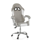 Silla gaming GAMEBREAKER W03 en color gris y blanco con dos aberturas para reposacabezas y base de cinco ruedas de MyBuero – vista de 360° (vista frontal 15°)