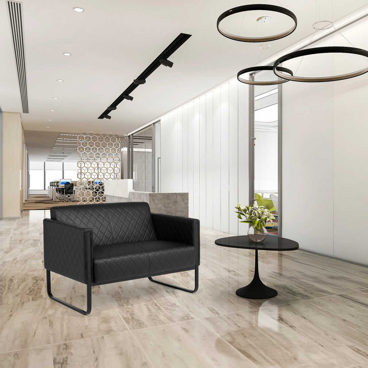 Sofá de diseño de 2 plazas ARUBA BLACK en color negro con costuras de diamante y estructura metálica de hjh OFFICE