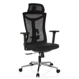Silla de oficina profesional KAMIAK negra con respaldo de malla y base de cinco ruedas de hjh OFFICE – vista de 360° (vista frontal en diagonal 30°)