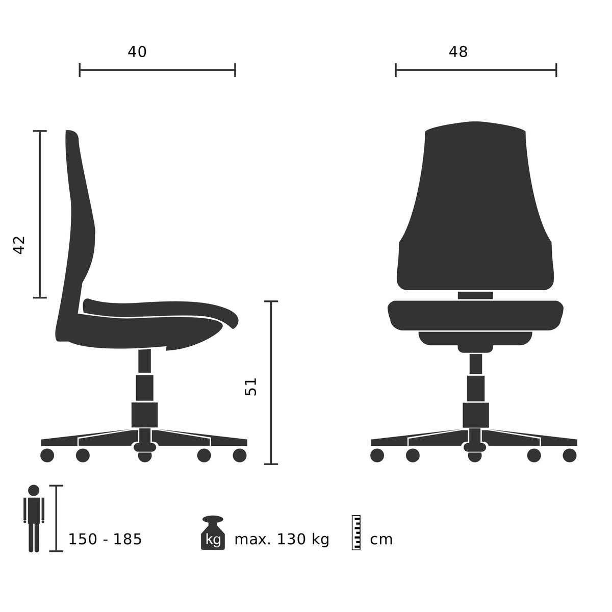 Dibujo técnico de la silla tapizada TARVISO PU con una capacidad de carga máxima de 130 kg de hjh OFFICE