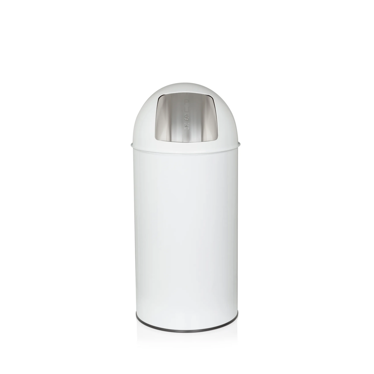 Papelera PUSH 35L blanca con parte superior redondeada y abertura de entrada plateada de hjh OFFICE – vista de 360° (vista frontal 0°)