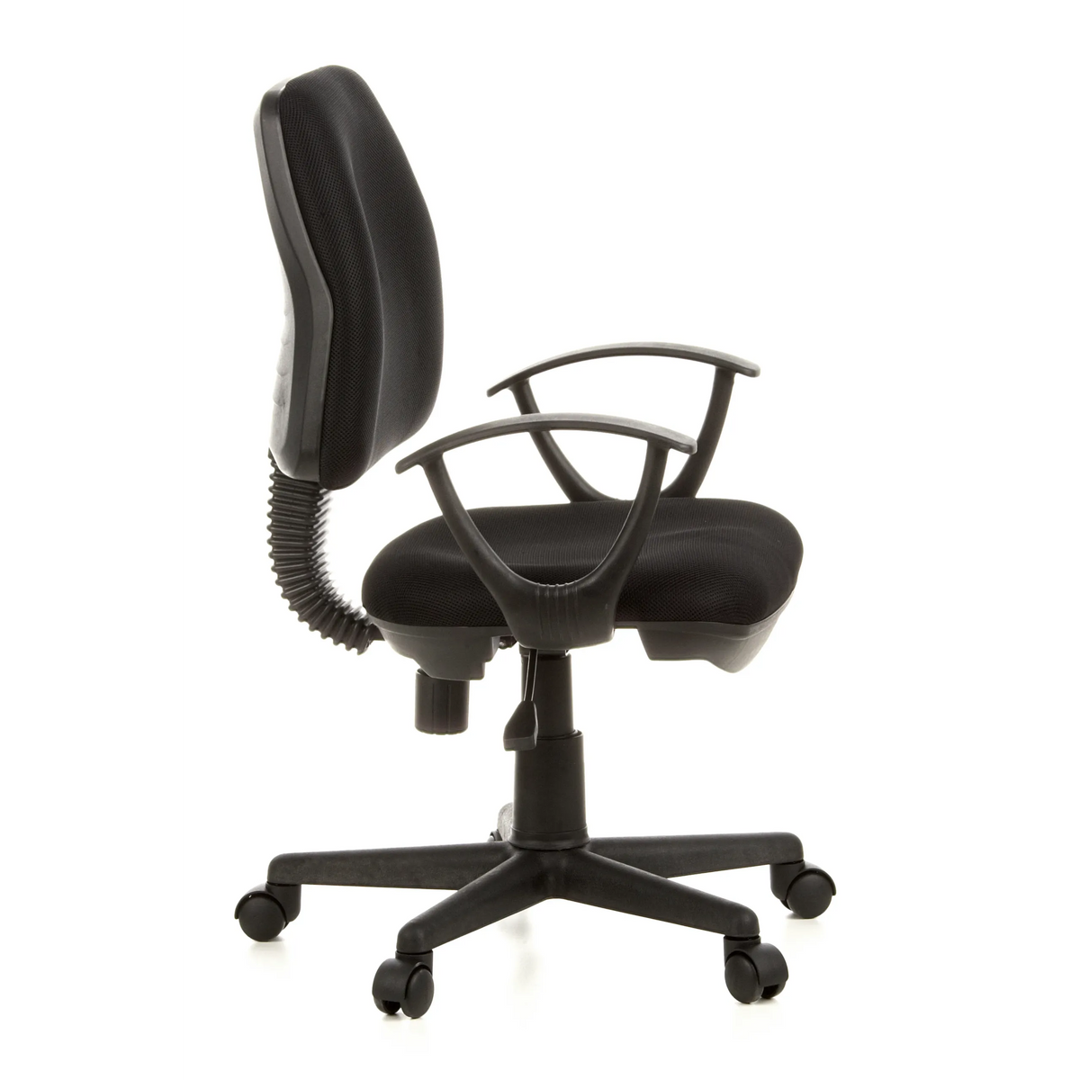 Silla Home Office CITY 10 negra con respaldo de malla, reposabrazos y base de cinco ruedas de hjh OFFICE – vista de 360° (vista lateral 80°)