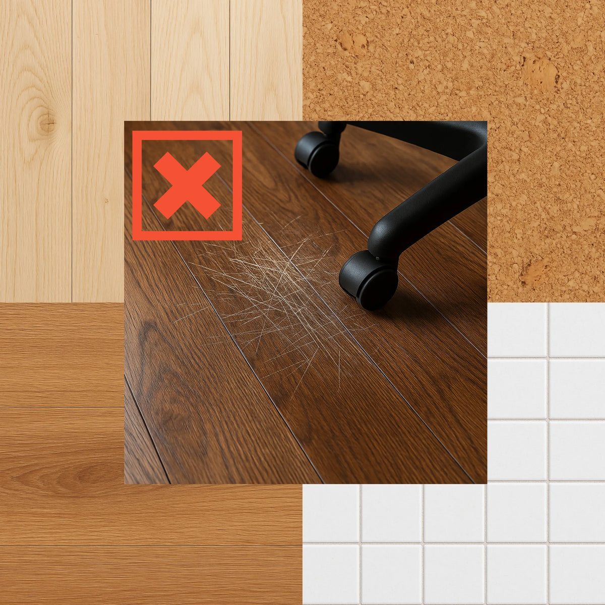Arañazos en un suelo de madera causados por las ruedas de una silla de oficina sin la alfombrilla ULTIMAT II de Floortex