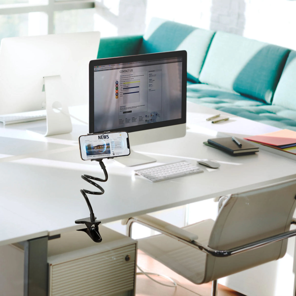 Soporte para teléfono móvil y tableta FLEXMOBI negro con cuello de cisne flexible y pinza de mesa de hjh OFFICE