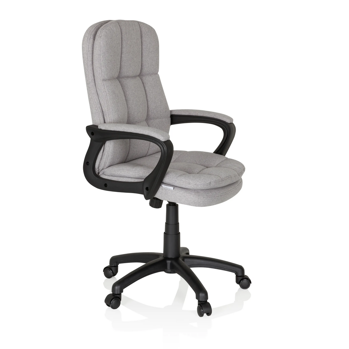 Sillón de oficina Home Office RELAX CX 120 gris con tapizado acolchado y base de cinco ruedas de MyBuero – vista de 360° (vista frontal en diagonal 60°)