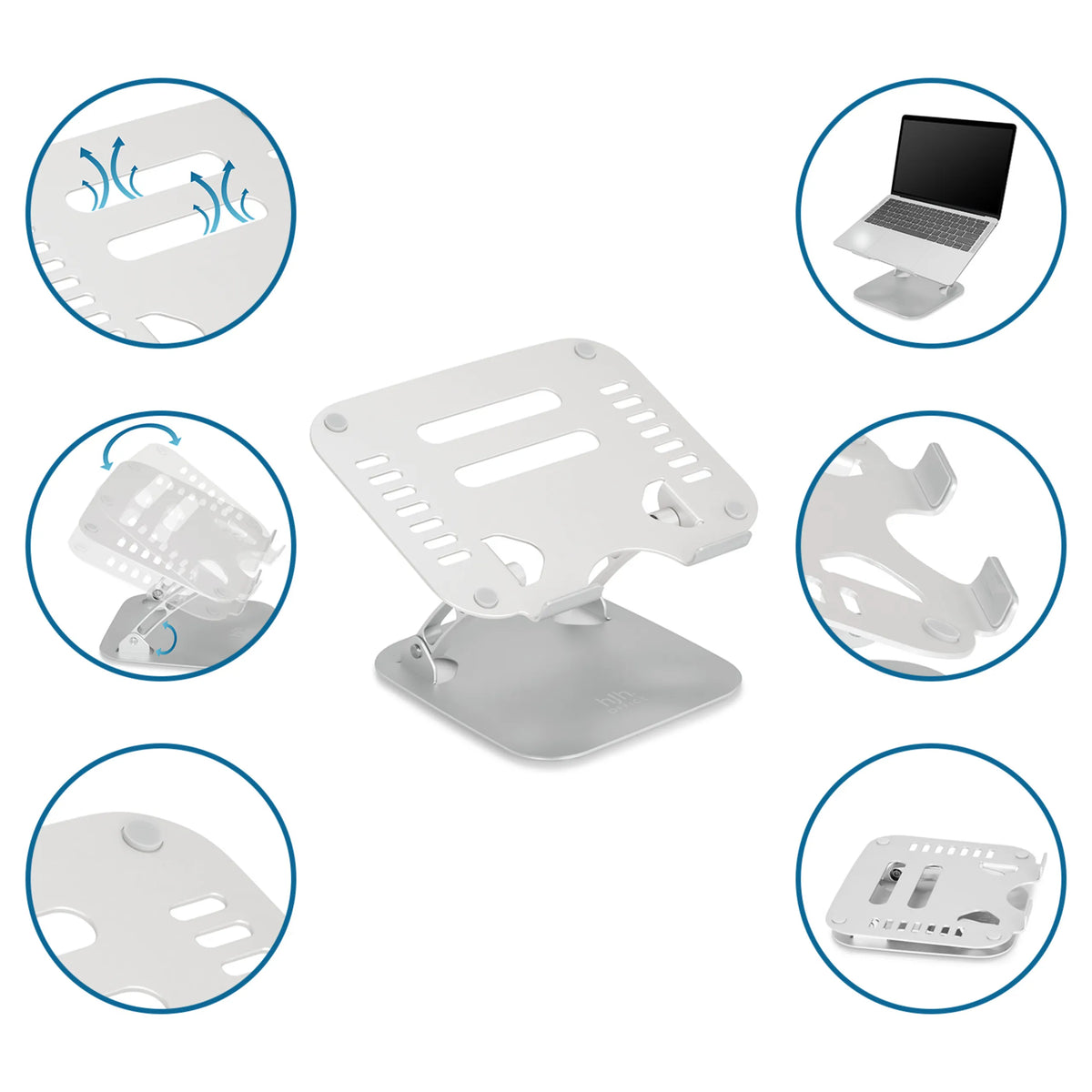 Soporte para portátil LAPTOP STAND plateado con aberturas de ventilación y varios niveles de ajuste de hjh OFFICE