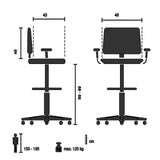 Dibujo técnico de la silla de mostrador TOP WORK 108 W con una altura del asiento de 69 a 89 cm de hjh OFFICE