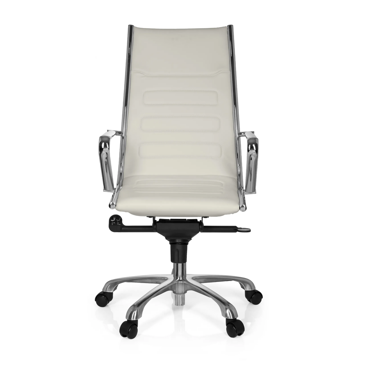 Sillón de oficina profesional PARIBA III color crema con reposabrazos y base de cinco ruedas de hjh OFFICE – vista de 360° (vista frontal 0°)
