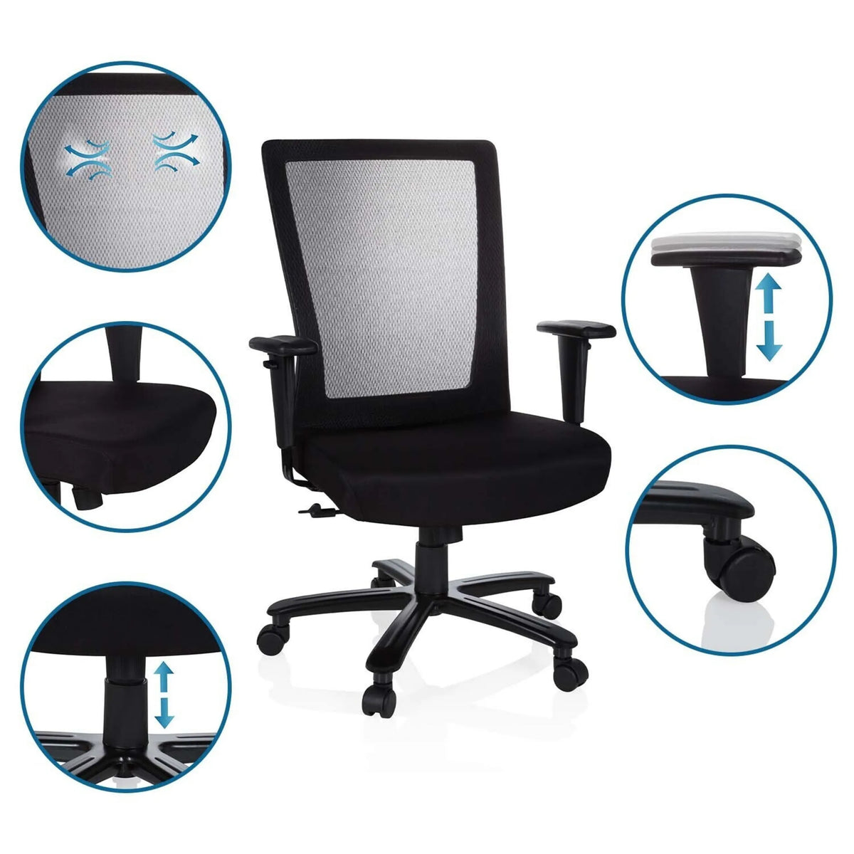 Silla giratoria XXL EXTENDER en negro con respaldo de malla, reposabrazos ajustables y pistón de gas de hjh OFFICE