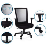 Silla giratoria XXL EXTENDER en negro con respaldo de malla, reposabrazos ajustables y pistón de gas de hjh OFFICE
