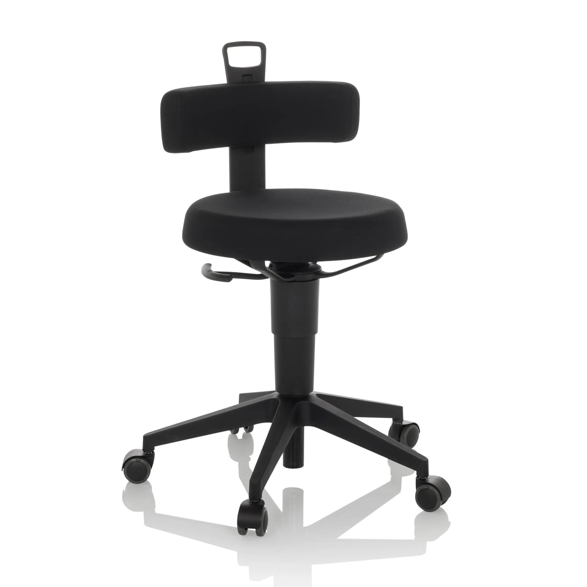 taburete giratorio negro TOP WORK FLEX con respaldo, asa y base de cinco ruedas de hjh OFFICE – vista de 360° (vista frontal 15°)