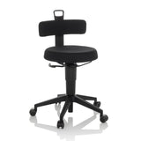 taburete giratorio negro TOP WORK FLEX con respaldo, asa y base de cinco ruedas de hjh OFFICE – vista de 360° (vista frontal 15°)