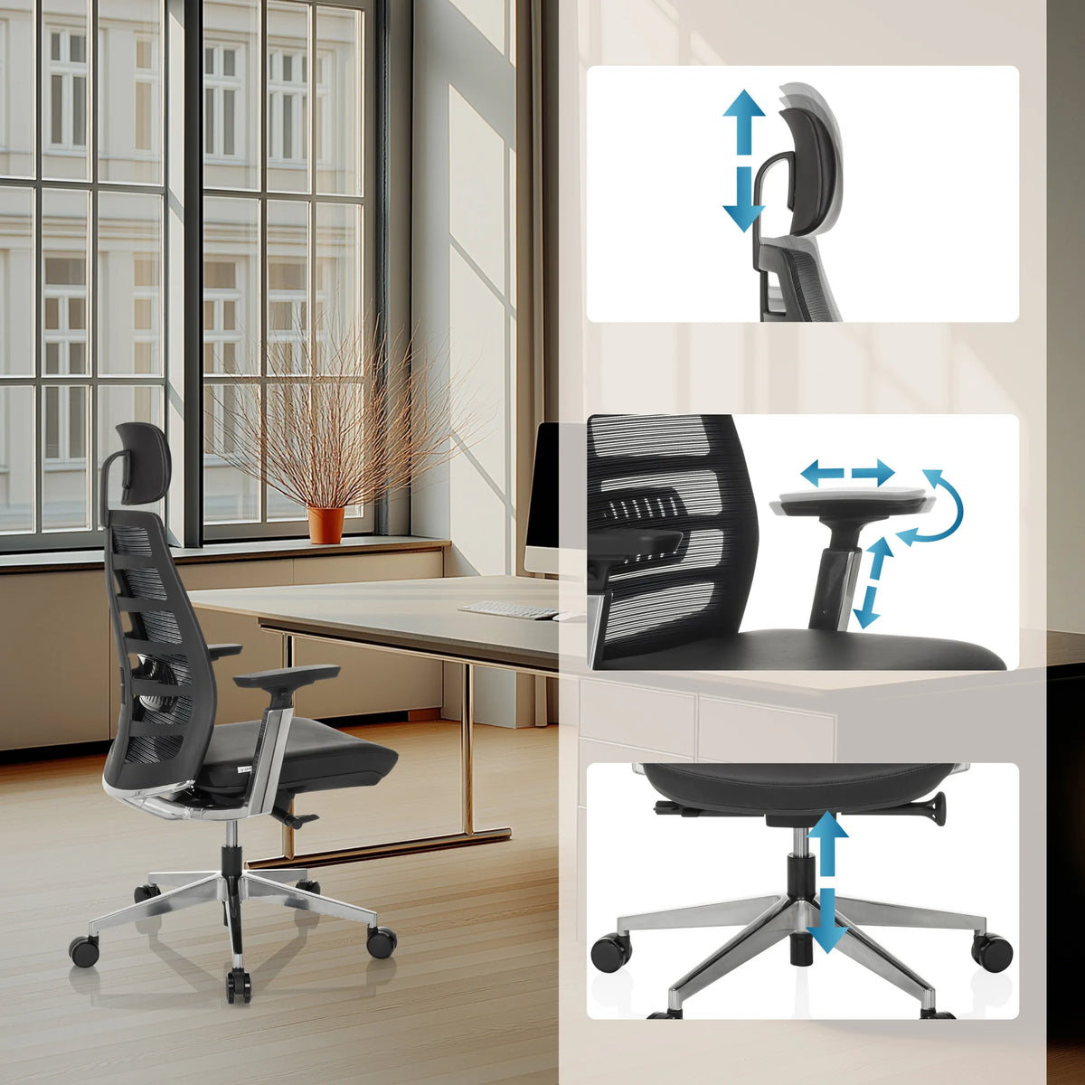 Reposacabezas, reposabrazos y altura del asiento ajustables de la Silla alta gama SPINIO ELITE L de hjh OFFICE