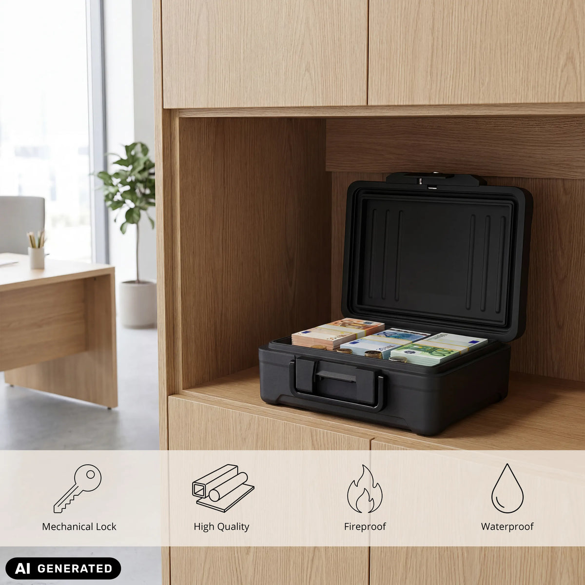Caja fuerte negra abierta Safe Compact Slim con fajos de billetes en una estantería de madera de hjh OFFICE (imagen generada por IA)