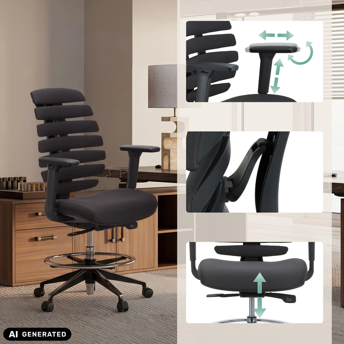 Reposabrazos, respaldo y altura del asiento ajustables de la silla de mostrador ERGO LINE II WORK en negro de hjh OFFICE