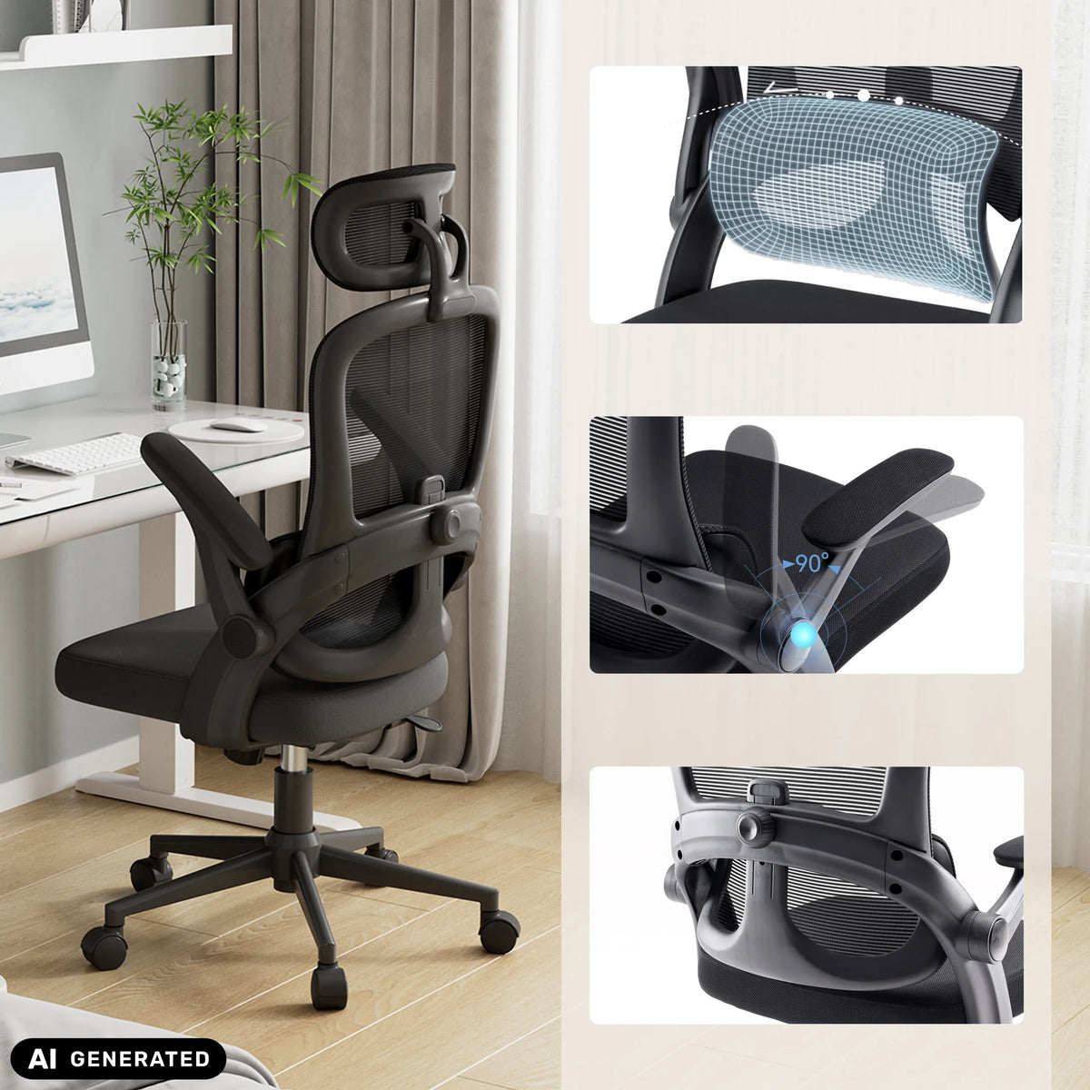 Silla de oficina profesional MC102C-M101 en negro con reposabrazos ajustables y respaldo de malla de Sihoo (imagen generada por IA)