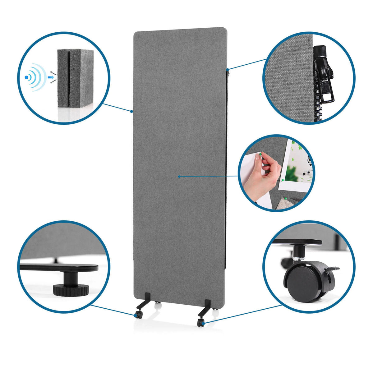 Separadores FLEXMIUT en gris oscuro con detalles sobre insonorización, fijación, tablero de anuncios y ruedas de hjh OFFICE
