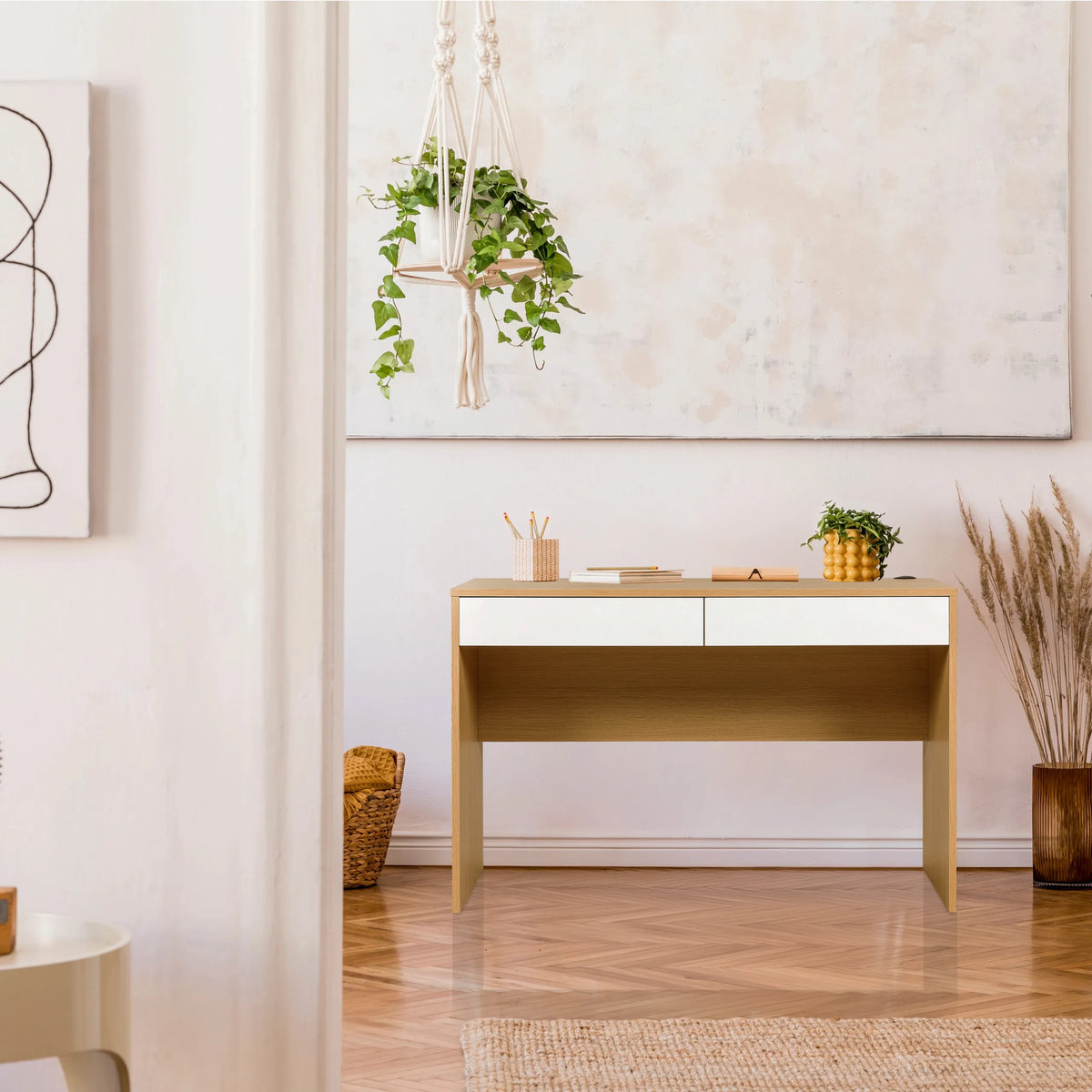Escritorio BERGA en blanco y roble con dos cajones de hjh LIVING