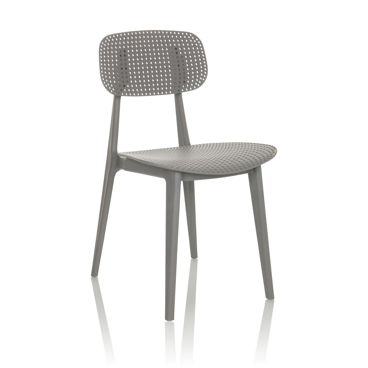 Silla de exterior gris ARTIFO HOL con respaldo y asiento perforados de hjh OFFICE – vista de 360° (vista frontal en diagonal 30°)