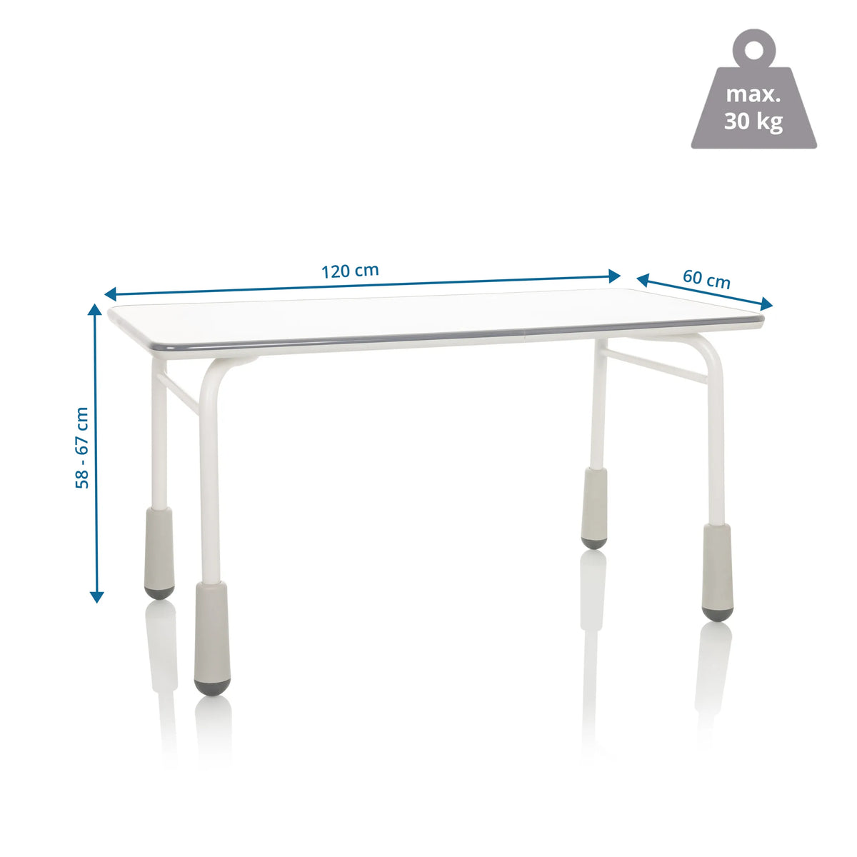 Maßzeichnung des Kinderschreibtischs KID GRO T mit 120 x 60 cm und einer Belastbarkeit von 30 kg von hjh OFFICE