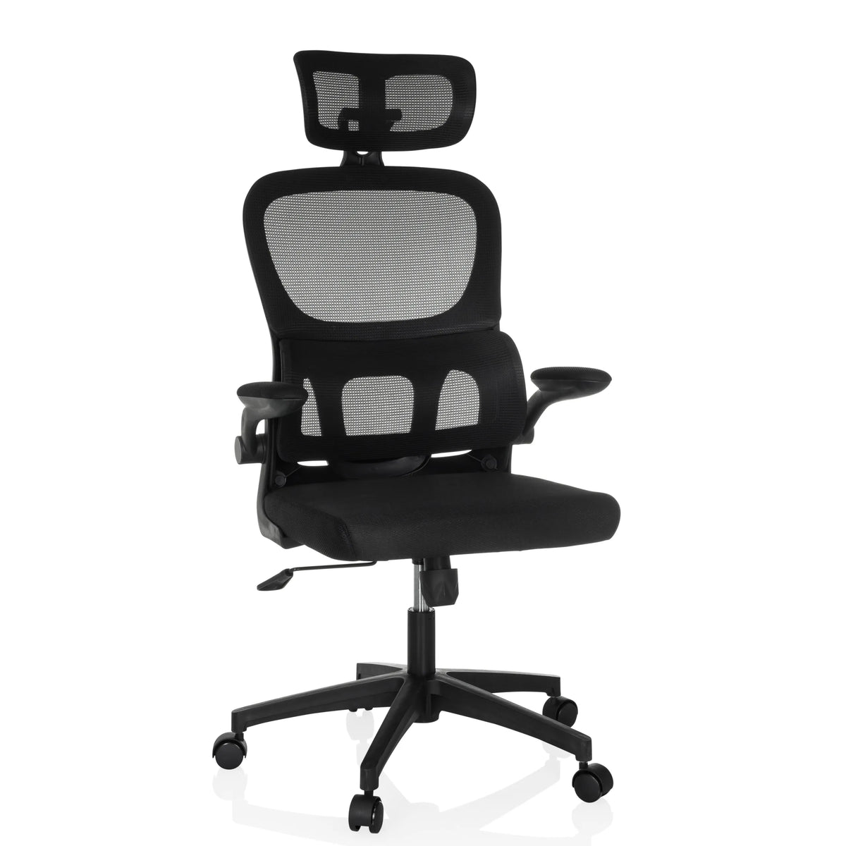 Silla Home Office ERGOMY FLEX negra con respaldo de malla, reposacabezas y base de cinco ruedas de MyBuero – vista de 360° (vista frontal 15°)