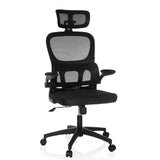 Silla Home Office ERGOMY FLEX negra con respaldo de malla, reposacabezas y base de cinco ruedas de MyBuero – vista de 360° (vista frontal 15°)