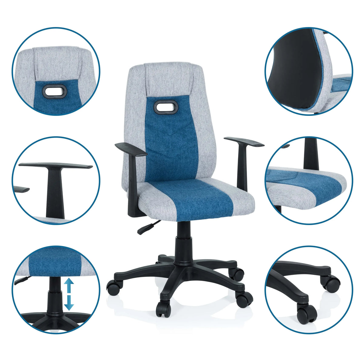Silla giratoria para niños KIDDY EXTRA en gris azulado con vistas detalladas del reposabrazos, el muelle de gas y las ruedas de hjh OFFICE