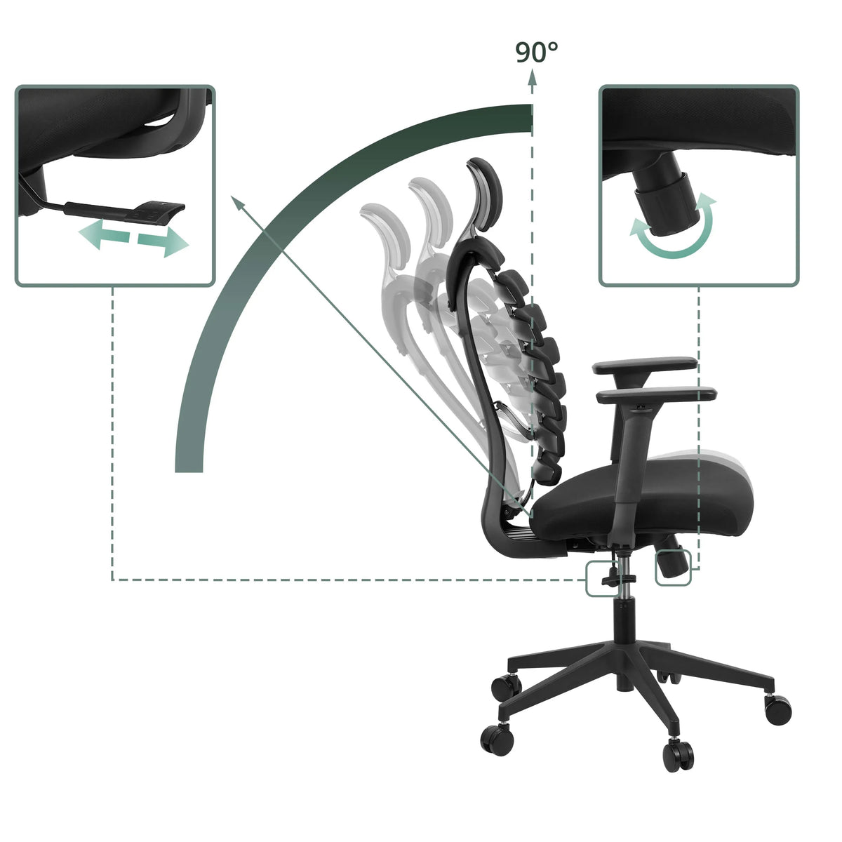 Respaldo y reposabrazos ajustables de la silla de oficina profesional ERGO LINE ECO con un ángulo de inclinación de 90° de hjh OFFICE