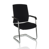 Silla de viga voladiza LEVIA VP negra con reposabrazos y estructura cromada de hjh OFFICE – vista de 360° (vista frontal en diagonal 30°)