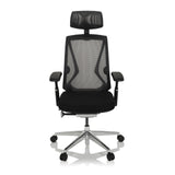 Silla alta gama INSPERO negra con respaldo de malla, reposacabezas y base de cinco ruedas de hjh OFFICE – vista de 360° (vista frontal 0°)