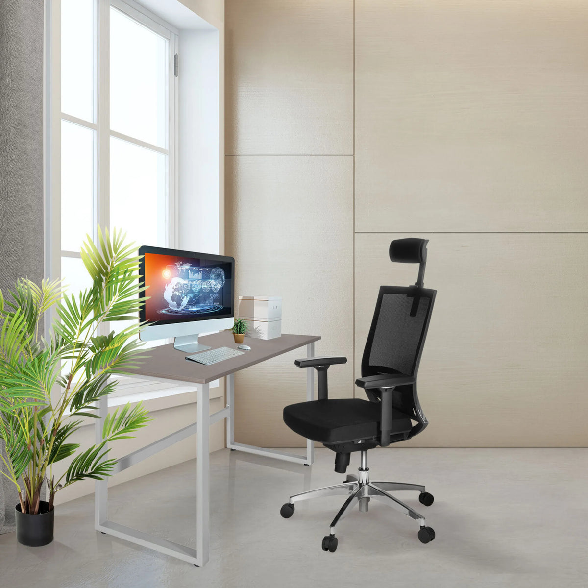 Escritorio WORKSPACE LIGHT I en nogal y blanco con estructura blanca de hjh OFFICE